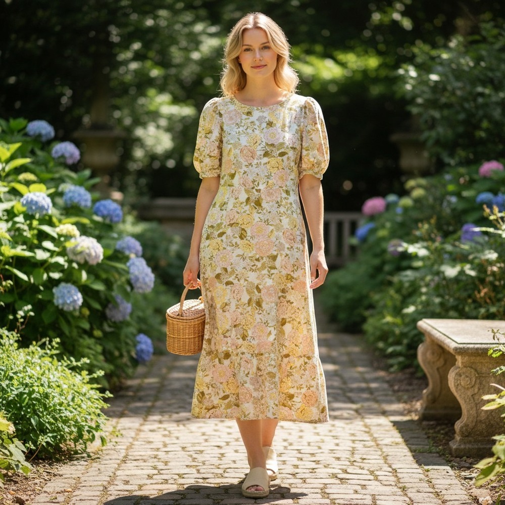 Who What‎ Wear Floral Midi Dress Womens Medium Yellow Linen Blend Cutout Back